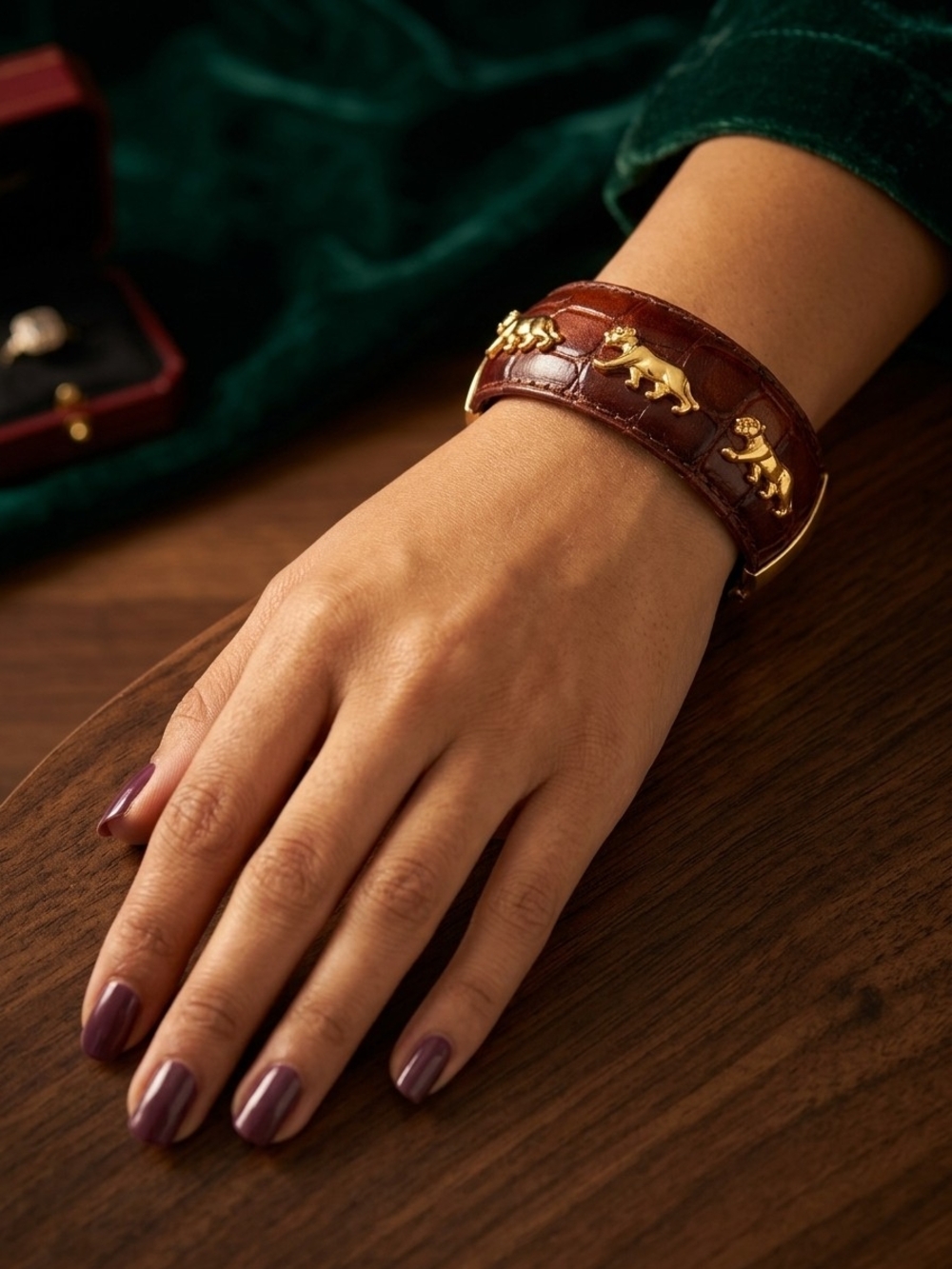 Gold Jaguar Accent Brown Leather Cuff Bracelet
